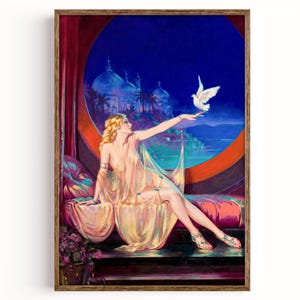 Peut inclure: Une impression d'art vintage encadrée représente une femme en robe fluide, assise sur un lit moelleux, tendant la main vers une colombe blanche. L'arrière-plan présente un paysage nocturne avec des dômes et un ciel bleu profond, encadré par une grande fenêtre circulaire.