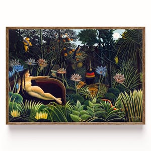 May include: A framed oil painting depicting a nude figure reclining on a dark sofa within a dense jungle landscape. The scene features large green leaves, colourful lotus flowers, a figure playing a flute, and two lions peering from the foliage.