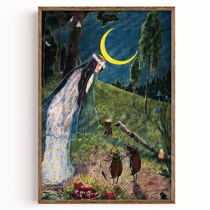 May include: A framed art print of a whimsical illustration. A woman in a flowing gown stands in a moonlit forest, observing two anthropomorphic beetles. The artwork features a crescent moon, trees, and a vibrant colour palette of blues, greens, and yellows.