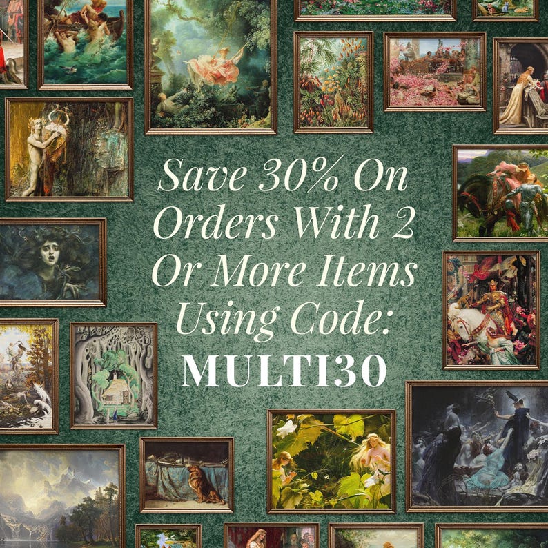 May include: A collection of various framed classical paintings arranged on a dark green textured background. The central text reads: Save 30% On Orders With 2 Or More Items Using Code: MULTI30. The artwork features diverse scenes including landscapes, figures, and mythological subjects.
