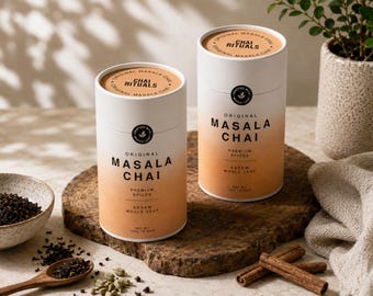 Puede incluir: Dos botes cilíndricos de cartón blanco y naranja de té Original Masala Chai. Cada etiqueta presenta el texto Chai Rituals, Original Masala Chai, Premium Spices y Assam Whole Leaf, con un peso neto de 100g o 3,5 onzas impreso.