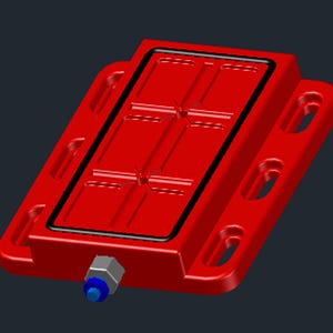 May include: A vibrant red rectangular component with a black border and multiple holes. It has a silver and blue fitting on one side. The component features a raised central section with a cross-shaped design.