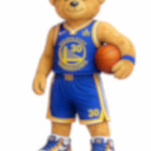 May include: A teddy bear wearing a blue and gold basketball uniform with the number 30. The bear is holding a basketball and wearing matching sneakers. The uniform features the Golden State Warriors logo.