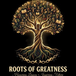 May include: A digital art print featuring a tree with roots and branches forming a human silhouette. The branches hold portraits, books, and microphones. The text reads "ROOTS OF GREATNESS" with "Honoring Legacy • Inspiring Future" below. The background is black.