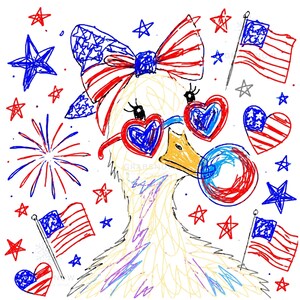 Op de afbeelding: Een grillige illustratie van een eend met een hartvormige zonnebril en een strik, allemaal in rood, wit en blauw. Het kunstwerk bevat Amerikaanse vlaggen, sterren en vuurwerk, ter viering van een patriottisch thema.