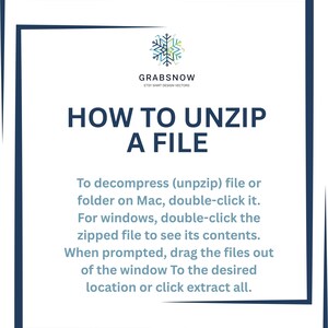 Infographic detailing how to unzip a downloaded digital folder on Mac and Windows computers for GrabeSnow digital files.