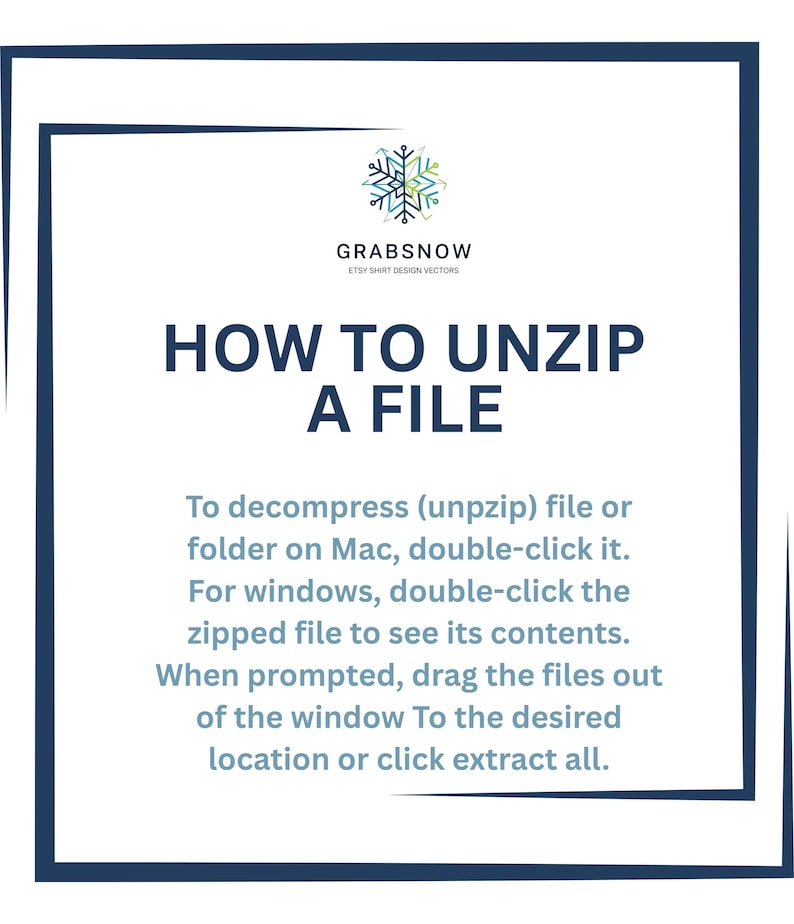 Infographic detailing how to unzip a downloaded digital folder on Mac and Windows computers for GrabeSnow digital files.