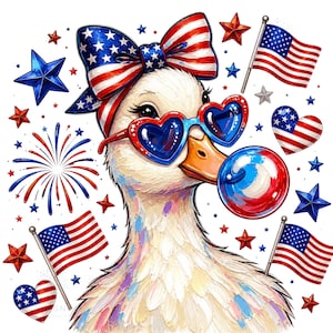 May include: A whimsical illustration of a duck adorned with patriotic accessories. The duck wears heart-shaped sunglasses, a bow, and a headband, all in red, white, and blue. It holds a red, white, and blue lollipop, surrounded by stars and American flags.