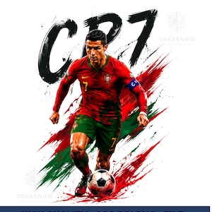 Cristiano Ronaldo CR7 Portugal soccer design with bold typography and red and green paint splatter effects.