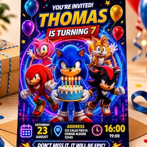May include: A birthday invitation card featuring Sonic the Hedgehog characters including Amy, Tails, Knuckles, and Shadow. The text reads: YOU'RE INVITED! THOMAS IS TURNING 7, SATURDAY 23 AUGUST, 123 CALLE FIESTA CIUDAD ALEGRE 12345, 16:00-19:00, DON'T MISS IT, IT WILL BE EPIC!