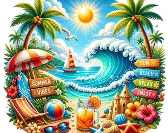Tropical Summer Vibes Beach Scene Ocean Wave Palm Tree PNG Sublimation