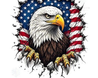 May include: A digital illustration of a bald eagle breaking through a wall, revealing the American flag. The eagle has white feathers on its head and neck, brown feathers on its body, and yellow talons and beak.