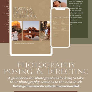 Könnte beinhalten: Ein digitaler Leitfaden für Fotografen, mit einem Tablet und Smartphone, die "POSING & DIRECTING GUIDEBOOK" anzeigen. Das Bild enthält Beispielbilder und den Text "DOWNLOAD NOW."