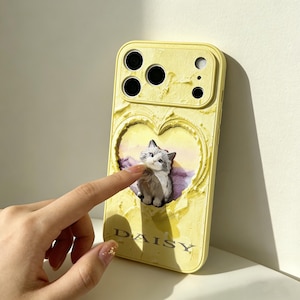 Custom Engraved Cat Leather iPhone Case, Yellow Spray-Printed, Multi-Color Lambskin