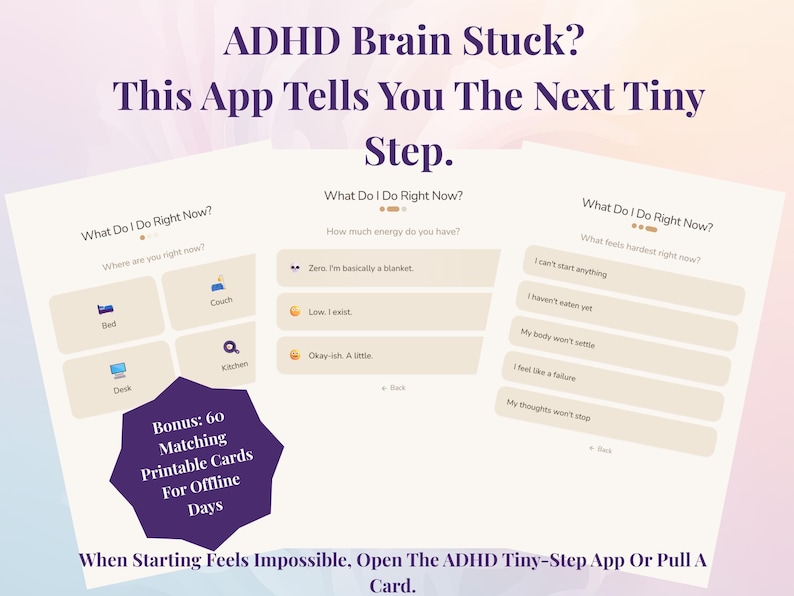 ADHD Tiny‑Step Task Helper – Interactive Web App + 60 Printable Action Cards | Beat Paralysis, Start Tasks When You “Can’t Do Anything” image 1
