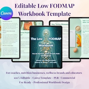 Puede incluir: Una plantilla de cuaderno de trabajo digital titulada "Editable Low FODMAP Workbook Template" que se muestra en varias tabletas. La portada presenta una ilustración de una figura humana. El texto incluye "Your No-Nonsense, Slightly Sarcastic Guide to a Happier Gut."