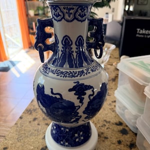 Tall Blue/White Chinese Hand Painted Porcelain Vase w/ Handles w/ Two Accented Hanging Knobs. Statement Piece, Timeless, Chinoiserie Decor