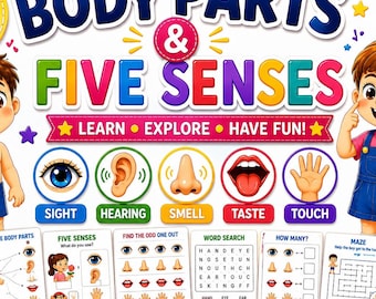 Human Body Parts Worksheets for Kids, Five Senses Activities, Preschool Anatomy Printable, Science Activities Ages 4-7