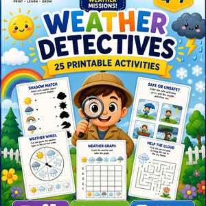 Fichas de trabajo sobre el clima para niños de 4 a 7 años / Actividades sobre el clima para preescolares / Material imprimible de ciencia, tecnología, ingeniería y matemáticas (STEM) / Detectives del clima