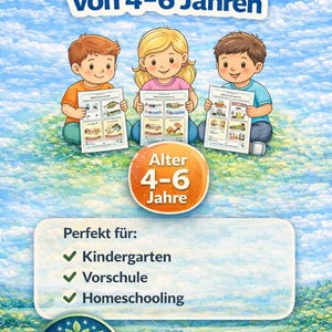 Puede incluir: Ilustraci&oacute;n de tres ni&ntilde;os sosteniendo materiales educativos. La imagen incluye texto que dice "Ideal para ni&ntilde;os de 4-6 a&ntilde;os" y "Perfecto para: Jard&iacute;n de infancia, Preescolar, Educaci&oacute;n en casa."