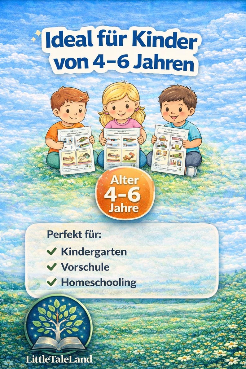 Puede incluir: Ilustraci&oacute;n de tres ni&ntilde;os sosteniendo materiales educativos. La imagen incluye texto que dice "Ideal para ni&ntilde;os de 4-6 a&ntilde;os" y "Perfecto para: Jard&iacute;n de infancia, Preescolar, Educaci&oacute;n en casa."