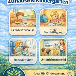 Puede incluir: Un anuncio ilustrado con el texto "Perfekt f&uuml;r Zuhause & Kindergarten" y cuatro paneles que representan a ni&ntilde;os realizando diversas actividades. La parte inferior de la imagen contiene el texto "Ideal f&uuml;r Kindergarten, Vorschule & Zuhause."