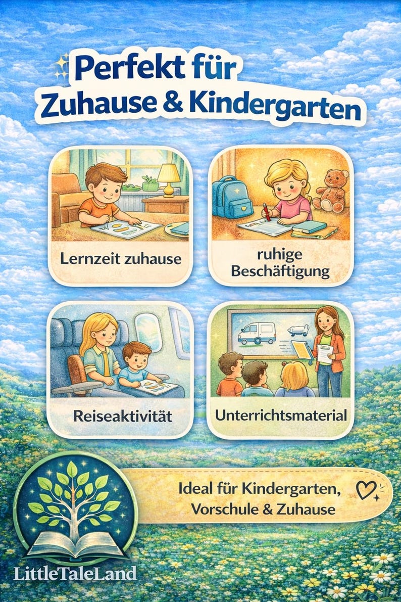 Puede incluir: Un anuncio ilustrado con el texto "Perfekt f&uuml;r Zuhause & Kindergarten" y cuatro paneles que representan a ni&ntilde;os realizando diversas actividades. La parte inferior de la imagen contiene el texto "Ideal f&uuml;r Kindergarten, Vorschule & Zuhause."
