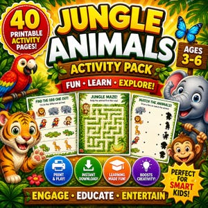 Puede incluir: Ilustración colorida para un "Paquete de Actividades de Animales de la Selva" con un loro, un tigre, un elefante y un mono. El paquete incluye páginas de actividades imprimibles, un laberinto y juegos de emparejamiento, para niños de 3 a 6 años.