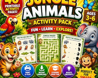 Jungle Animals Worksheets, Safari Busy Book PDF, Zoo Animal Activities, Wild Animal Matching Game, Preschool Printable, Homeschool Learning