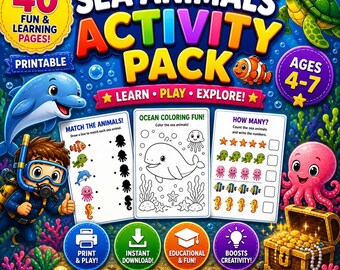 Sea Animals Activity Pack for Kids Ages 4–7, 40 Printable Ocean Worksheets & Coloring Pages