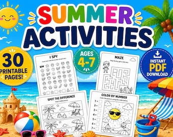 Summer Activity Worksheets for Kids Ages 4-7 | Beach Learning Games (30 Printable PDF Pages)