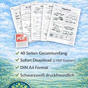 Puede incluir: Un conjunto de p&aacute;ginas de actividades imprimibles con ilustraciones de veh&iacute;culos, como coches, aviones y barcos. La imagen incluye el texto "Was du bekommst" y detalles sobre la descarga del PDF, como "40 Seiten Gesamtumfang".