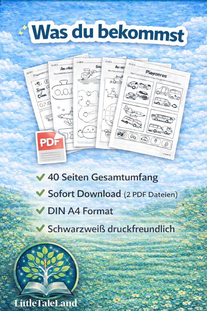 Puede incluir: Un conjunto de p&aacute;ginas de actividades imprimibles con ilustraciones de veh&iacute;culos, como coches, aviones y barcos. La imagen incluye el texto "Was du bekommst" y detalles sobre la descarga del PDF, como "40 Seiten Gesamtumfang".