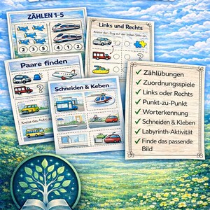 Puede incluir: Hojas de aprendizaje educativo con el texto "Enth&auml;lt 15 Lernarbeitsbl&auml;tter". Las hojas presentan actividades de conteo, emparejamiento y corte con ilustraciones de veh&iacute;culos y objetos. El logotipo de Little Tale Land est&aacute; en la parte inferior.