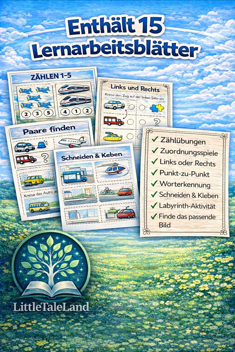 Puede incluir: Hojas de aprendizaje educativo con el texto "Enth&auml;lt 15 Lernarbeitsbl&auml;tter". Las hojas presentan actividades de conteo, emparejamiento y corte con ilustraciones de veh&iacute;culos y objetos. El logotipo de Little Tale Land est&aacute; en la parte inferior.