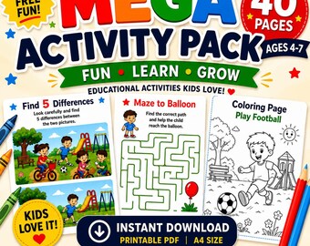 Preschool Activities for Kids | 40 Printable Worksheets PDF | Mazes, Coloring & Learning Activities | Ages 4–7 | Homeschool