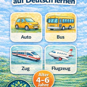 Puede incluir: P&oacute;ster educativo con ilustraciones de veh&iacute;culos de transporte: un coche amarillo, un autob&uacute;s amarillo, un tren y un avi&oacute;n. El texto "Verkehrsmittel auf Deutsch lernen" est&aacute; en la parte superior, con "Alter 4-6 Jahre" y "Little Tale Land".