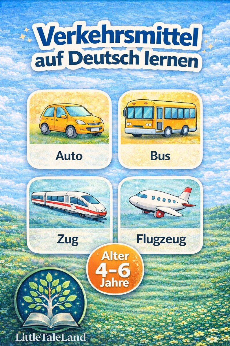 Puede incluir: P&oacute;ster educativo con ilustraciones de veh&iacute;culos de transporte: un coche amarillo, un autob&uacute;s amarillo, un tren y un avi&oacute;n. El texto "Verkehrsmittel auf Deutsch lernen" est&aacute; en la parte superior, con "Alter 4-6 Jahre" y "Little Tale Land".