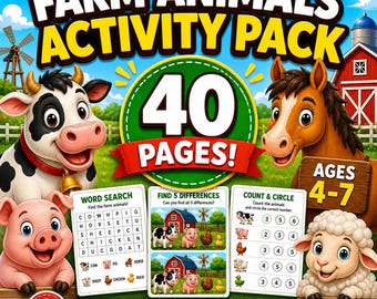 Farm Animals Activity Pack for Kids Ages 4-7 – 40 Printable Worksheets (Digital Download)