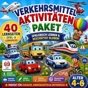 Puede incluir: Un colorido paquete de actividades infantiles con ilustraciones de veh&iacute;culos, incluyendo un autob&uacute;s escolar, un tren y un avi&oacute;n. La portada muestra el texto "Verkehrsmittel Aktivit&auml;ten Paket" y "40 Lernseiten Spiel- & Lernspass!" para ni&ntilde;os de 4-6 a&ntilde;os.