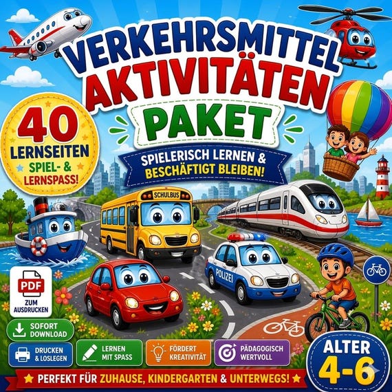 Verkehrsmittel Arbeitsblätter Kita, Fahrzeuge Lernen Vorschule PDF, Kiga Übungen, Schwungübungen, Ausmalbilder, Lernpaket Kinder