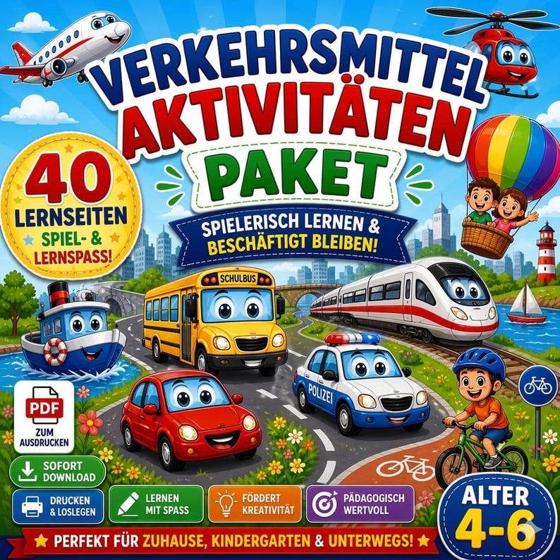 Puede incluir: Un colorido paquete de actividades infantiles con ilustraciones de veh&iacute;culos, incluyendo un autob&uacute;s escolar, un tren y un avi&oacute;n. La portada muestra el texto "Verkehrsmittel Aktivit&auml;ten Paket" y "40 Lernseiten Spiel- & Lernspass!" para ni&ntilde;os de 4-6 a&ntilde;os.