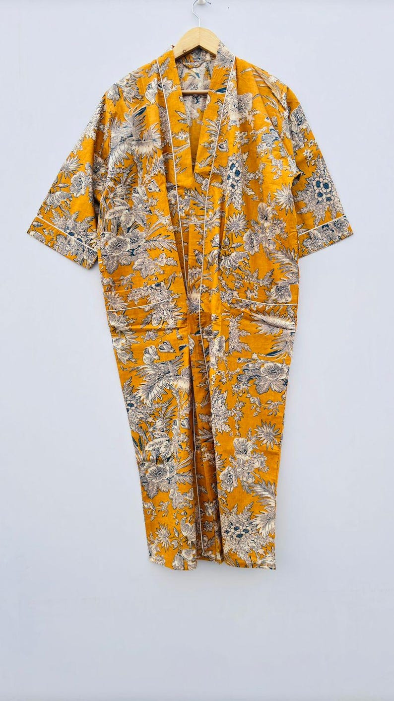 Mustard Yellow Robe Mustard Yellow Floral Block Print Cotton Kimono Robe - Etsy