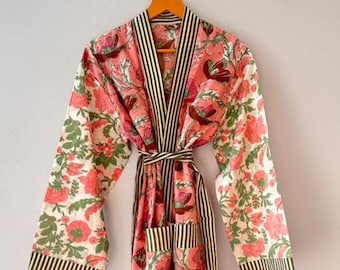 Cotton Kimono Robes Dressing Gown,Block Print Bridesmaid, Summer Nightwear,One Size