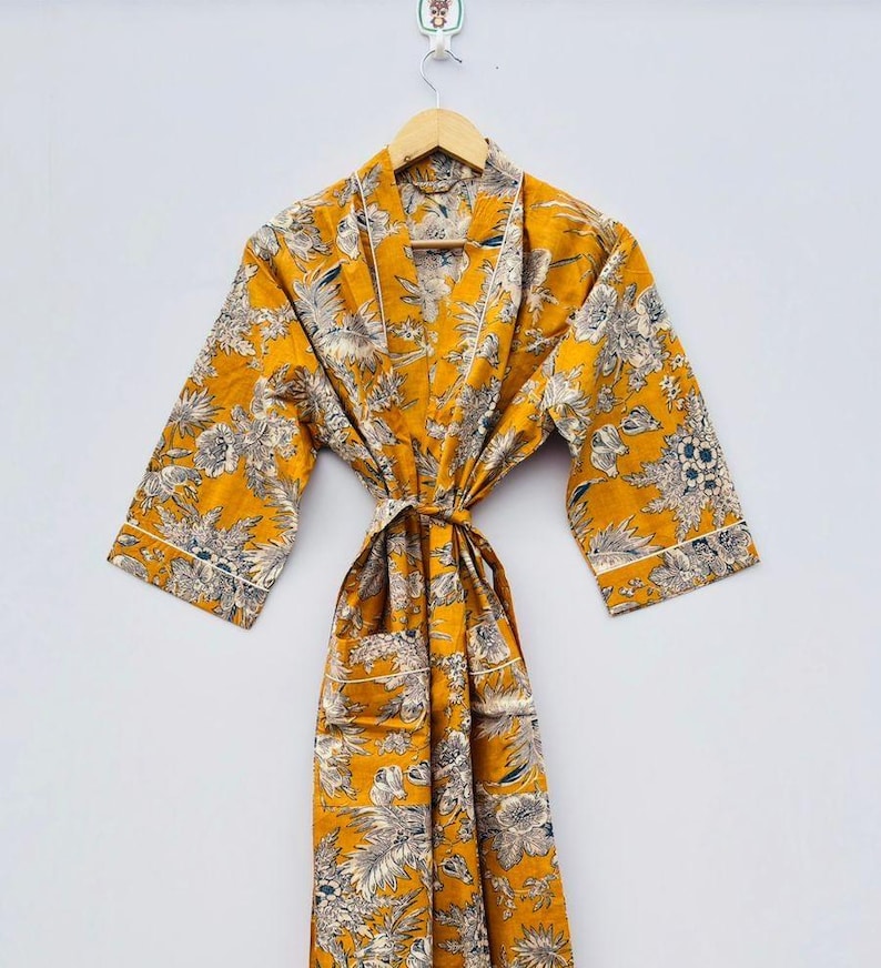 Mustard Yellow Robe Mustard Yellow Floral Block Print Cotton Kimono Robe - Etsy