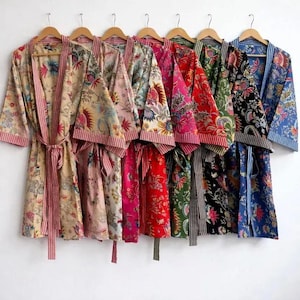 Katoenen badjas met blokprint, kimonojurk, indian Summer-nachtkleding, bedekking bruidsmeisje