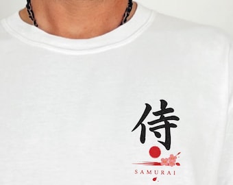 Samurai Kanji Chest Design T-Shirt, Japanese Minimal Graphic Tee Oversized Fit