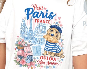 Paris Puppy Graphic Shirt, French Cafe Travel Tee, Eiffel Tower Sketch Dog Lover Apparel