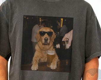 Camiseta com estampa de Golden Retriever para bar de cerveja, camiseta divertida para pub com cachorro, retrato de cachorro com óculos de sol (impressão digital direta)