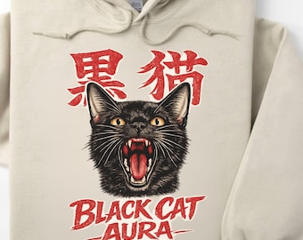 Black Cat Aura Gothic Hoodie, Japanese Kuro Neko Graphic Sweatshirt